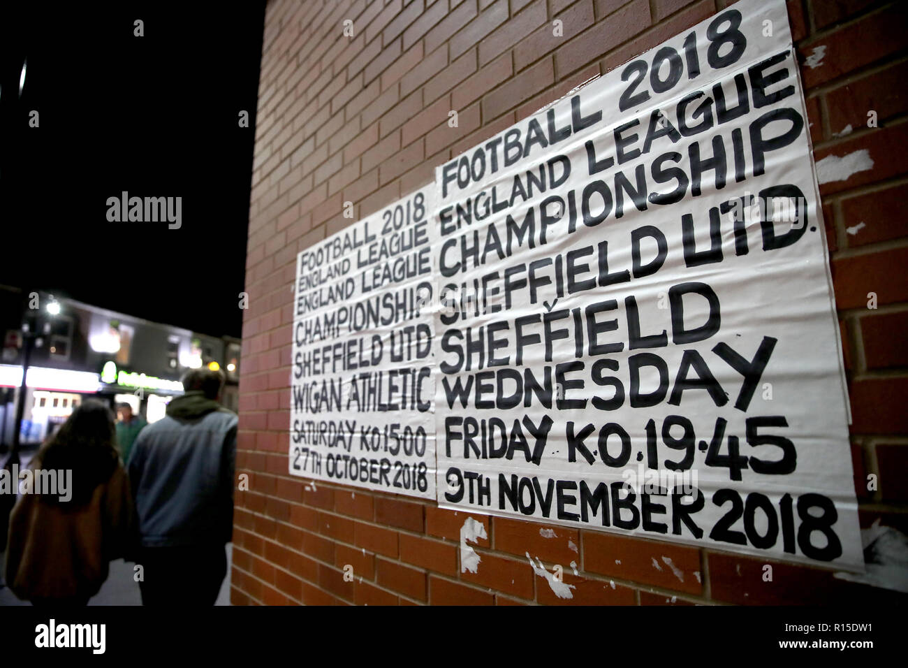 Signs advertise Sheffield United fixtures outside the ground before the Sky Bet Championship match at Bramall Lane, Sheffield. Stock Photo