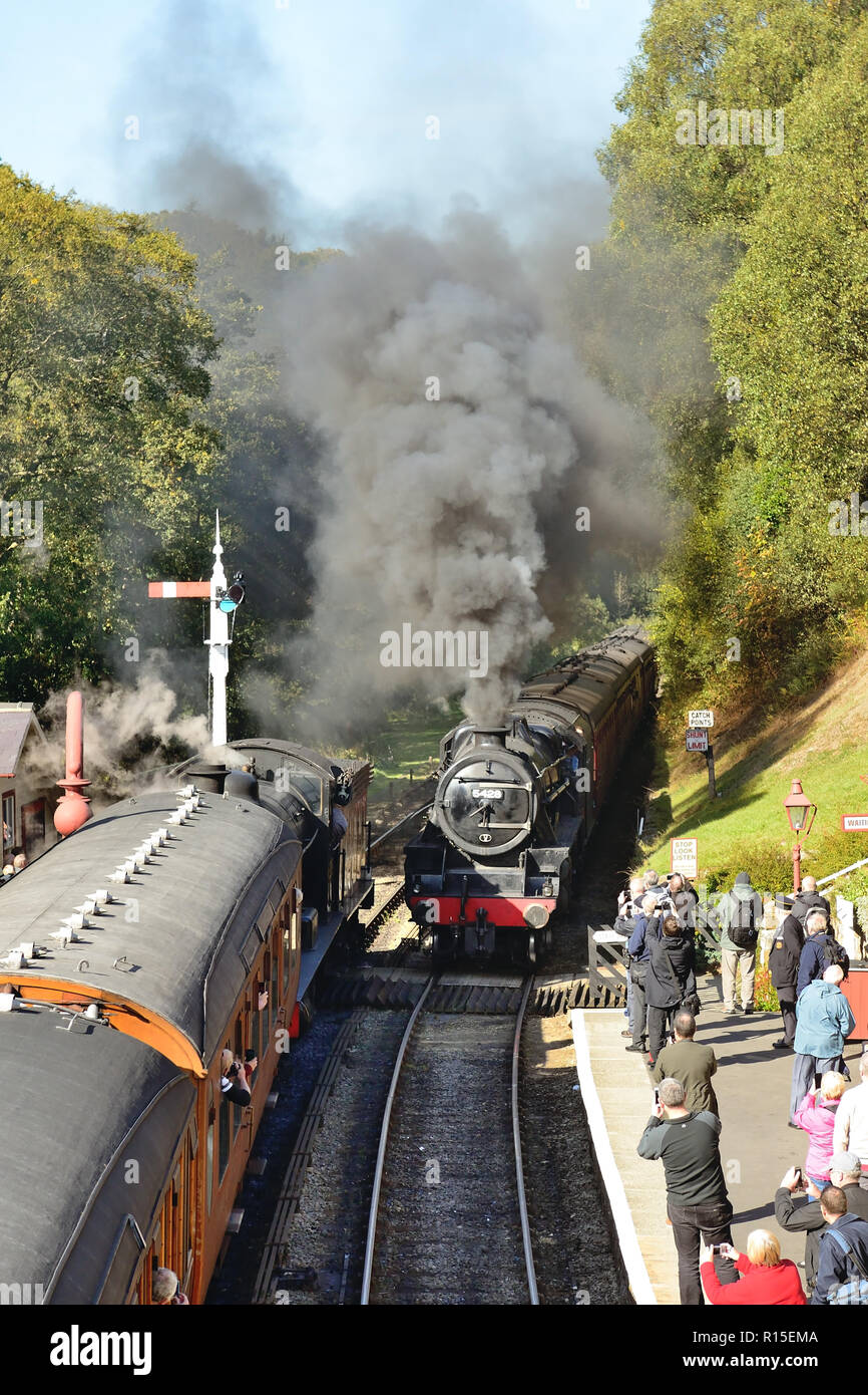 Steam train arriving at Goathland station during a busy gala weekend on the North Yorkshire Moors Railway, 29th September 2018. Stock Photo