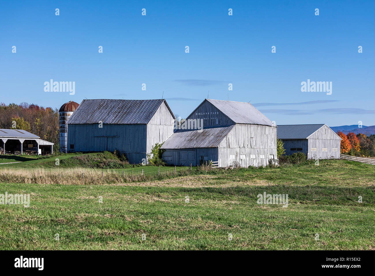 Farm buildings set in the Vermont countryside, Middlebury, Vermont, USA. Stock Photo