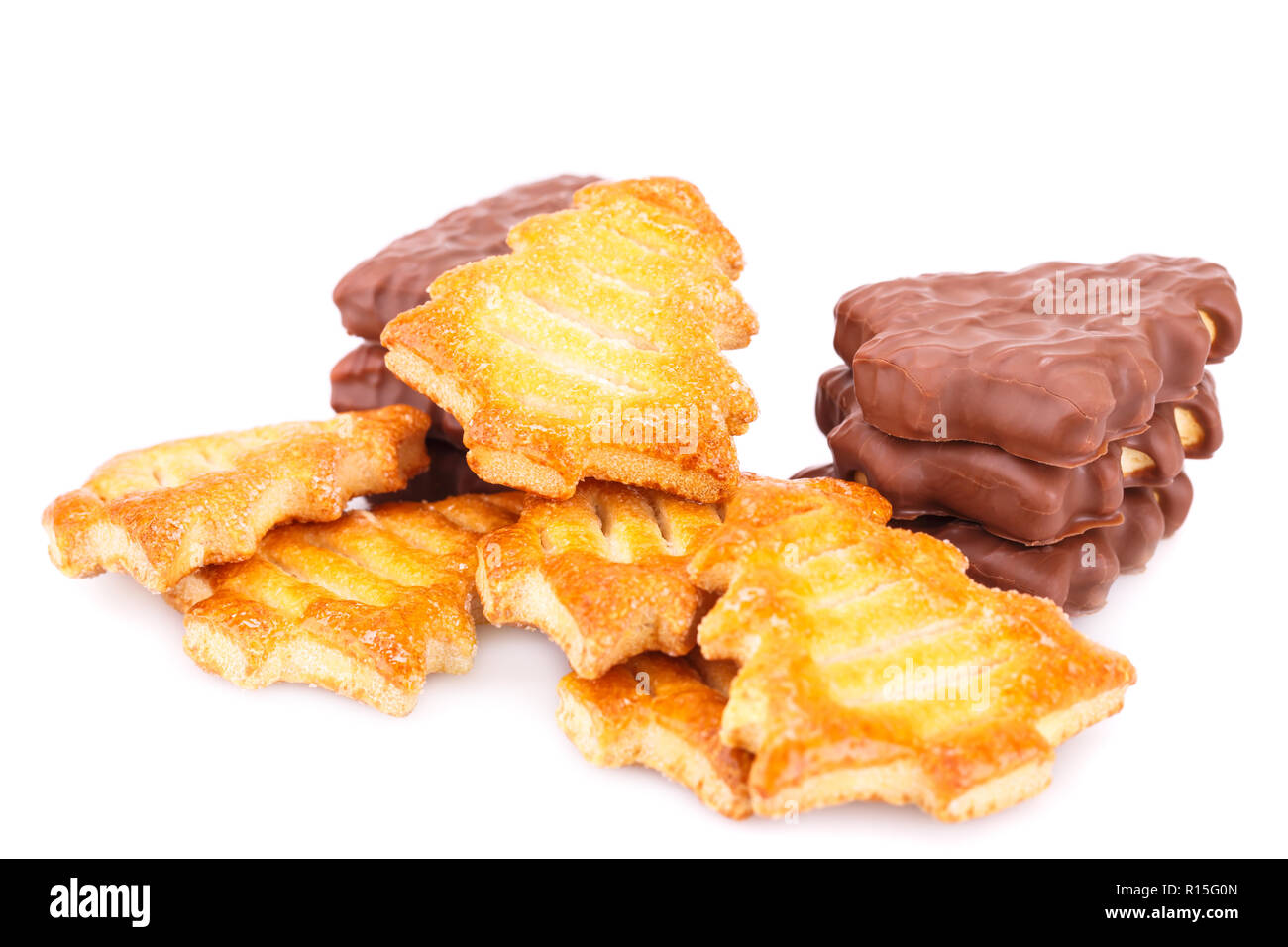 Fir-tree shape cookies isolated on white background. Stock Photo