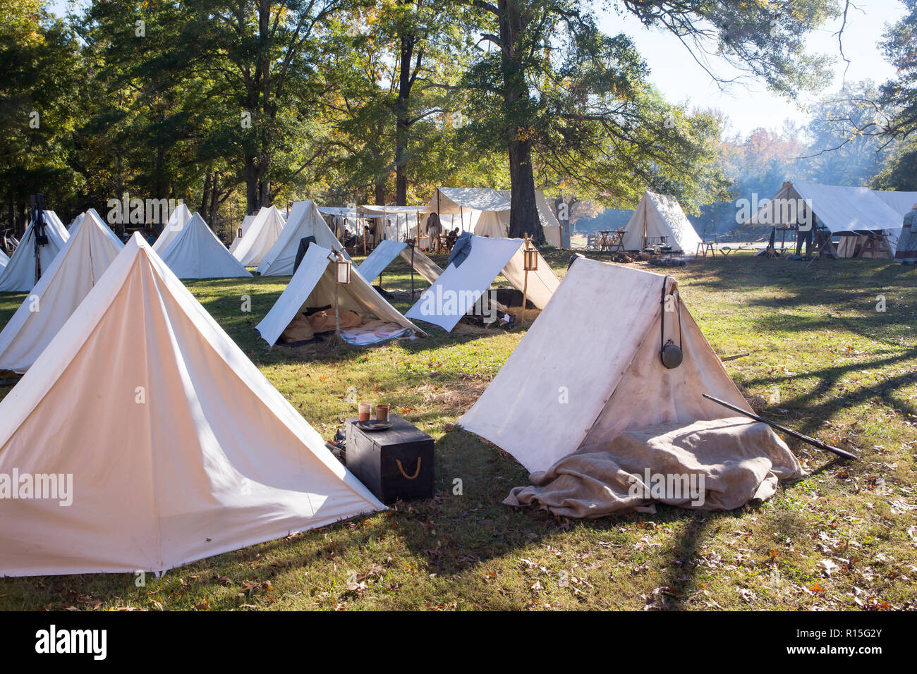 MCCONNELLS, SC (USA) - November 3, 2018:  A Civil War military encampment recreated during a battle reenactment at Historic Brattonsville. Stock Photo