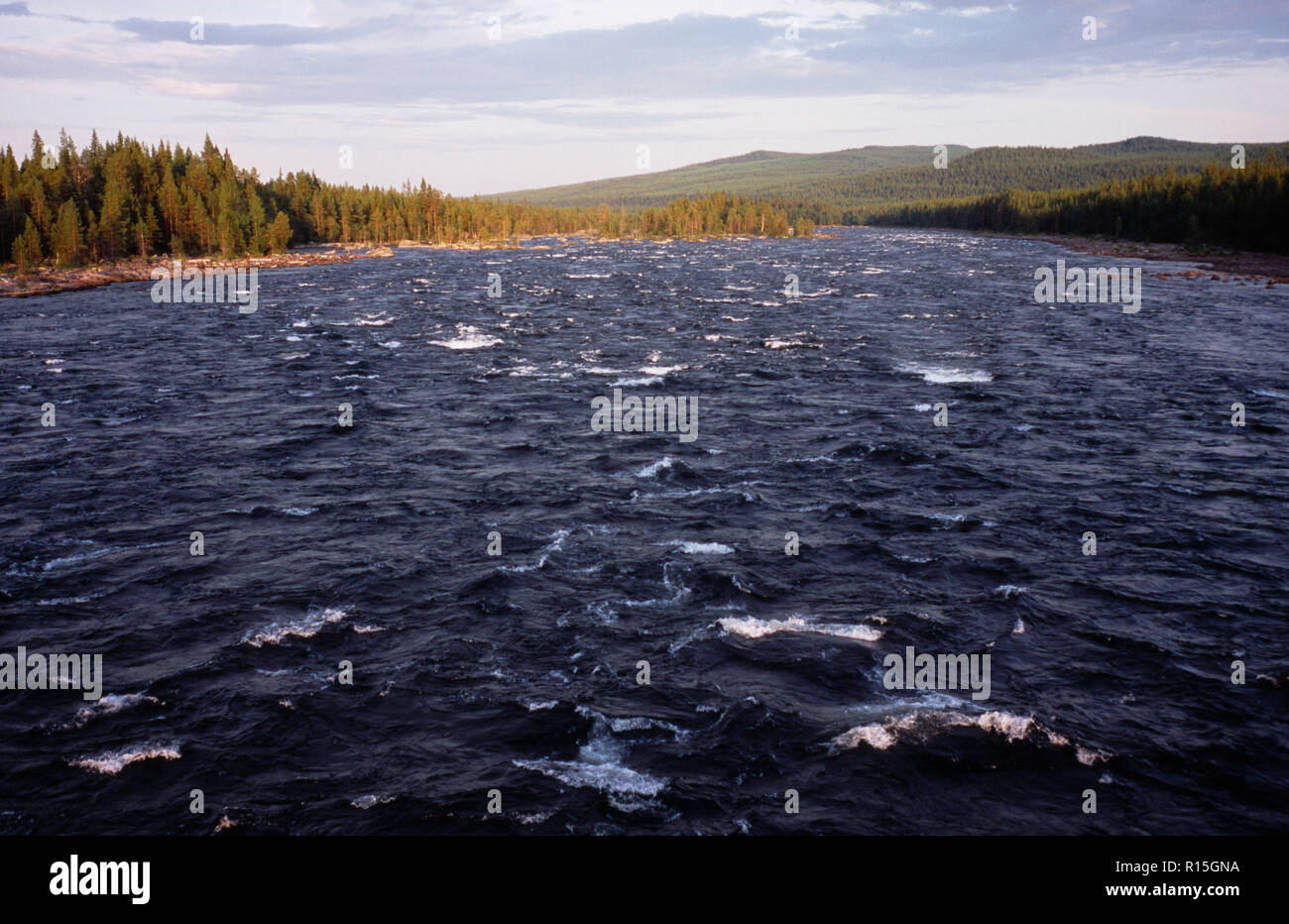 Sweden, Norrbotten, River Pitealven, View along stretch of river South East from Route 45 fifty-two kilometres North East of town of Arvidsjaur towards tree covered landscape. Stock Photo