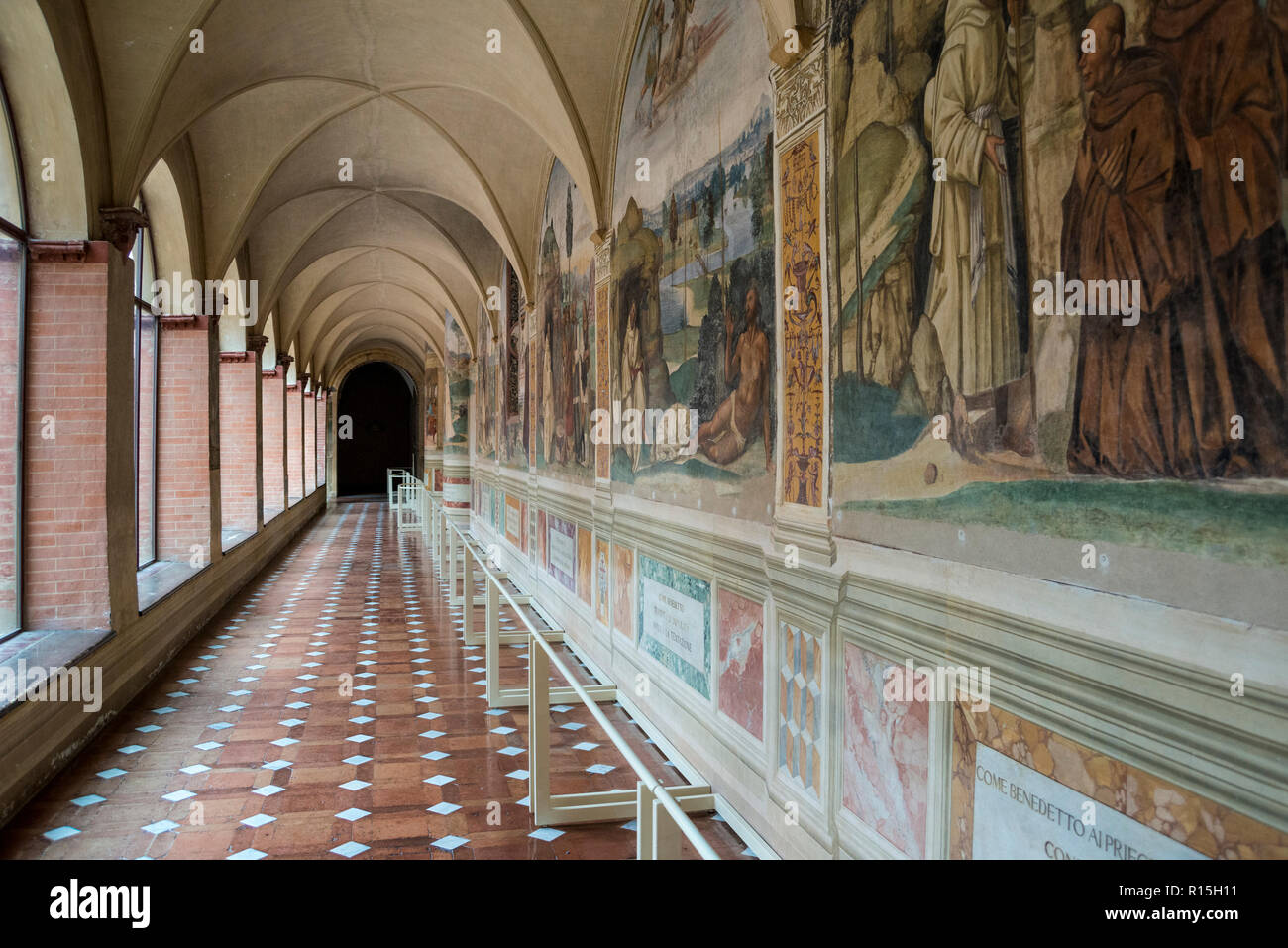 Frescos in the cloister of The Abbey of Monte Oliveto Maggiore (Benedictine monastery), Tuscany, Italy Stock Photo