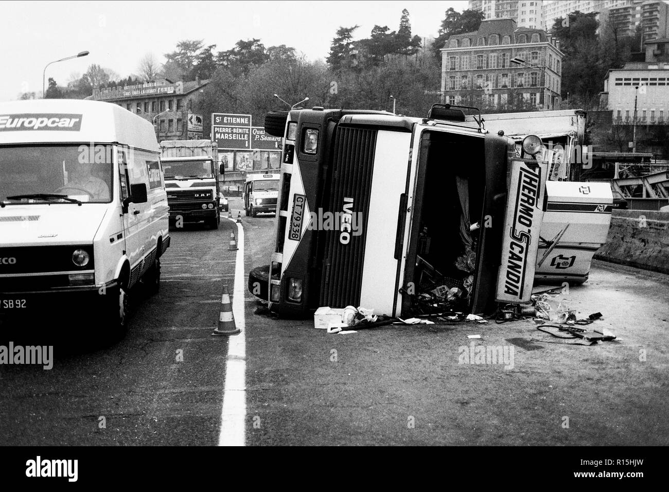 Archives 80ies. Road accident, Lyon, France Stock Photo Alamy