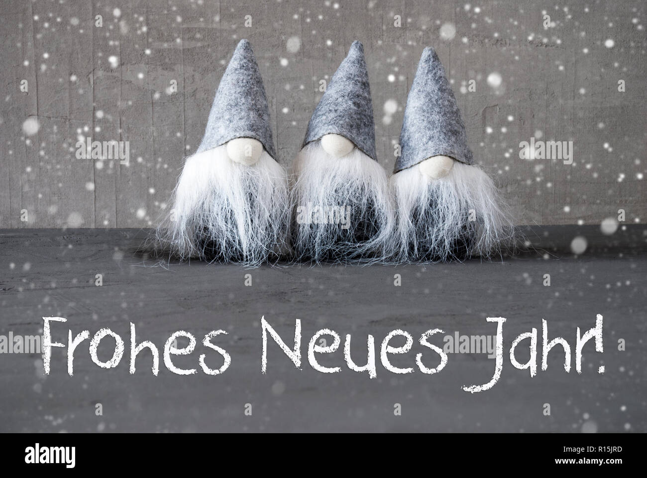 Gnomes, Snowflakes, Frohes Neues Jahr Means Happy New Year Stock Photo