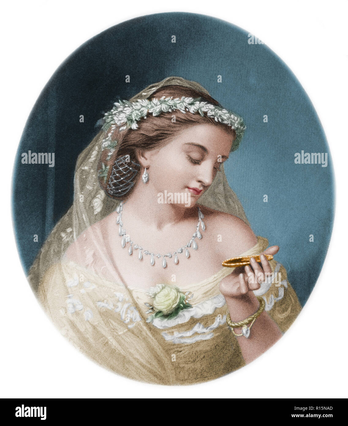 A colourised version of a black and white etching' The City Belle'  etched  by F.Holl Stock Photo