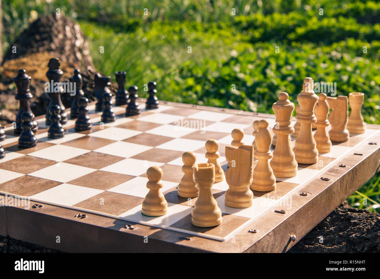 Chess board with chess pieces on green natural background. Selective focus  on white pieces. Outdoors chess game Stock Photo - Alamy