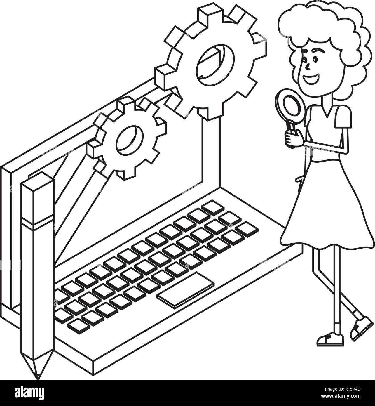 Young people and technical support black and white Stock Vector