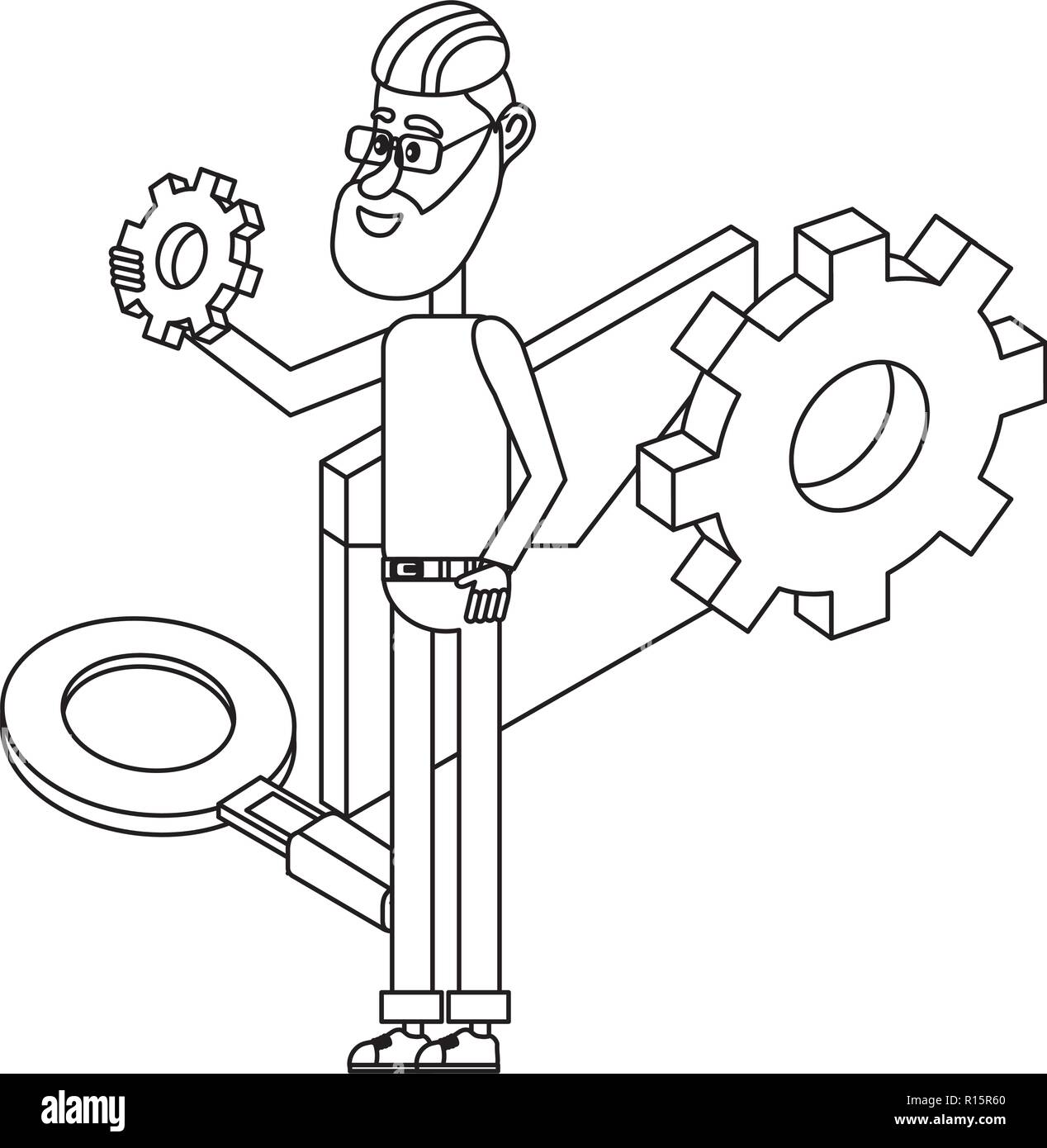 Young people and technical support black and white Stock Vector