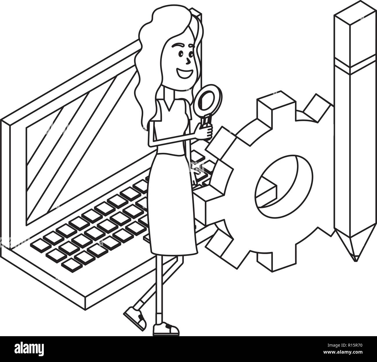 Young people and technical support black and white Stock Vector
