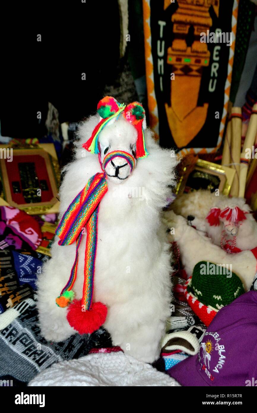 Alpaca puppet Market in HUARAZ. Department of Ancash.PERU Stock Photo