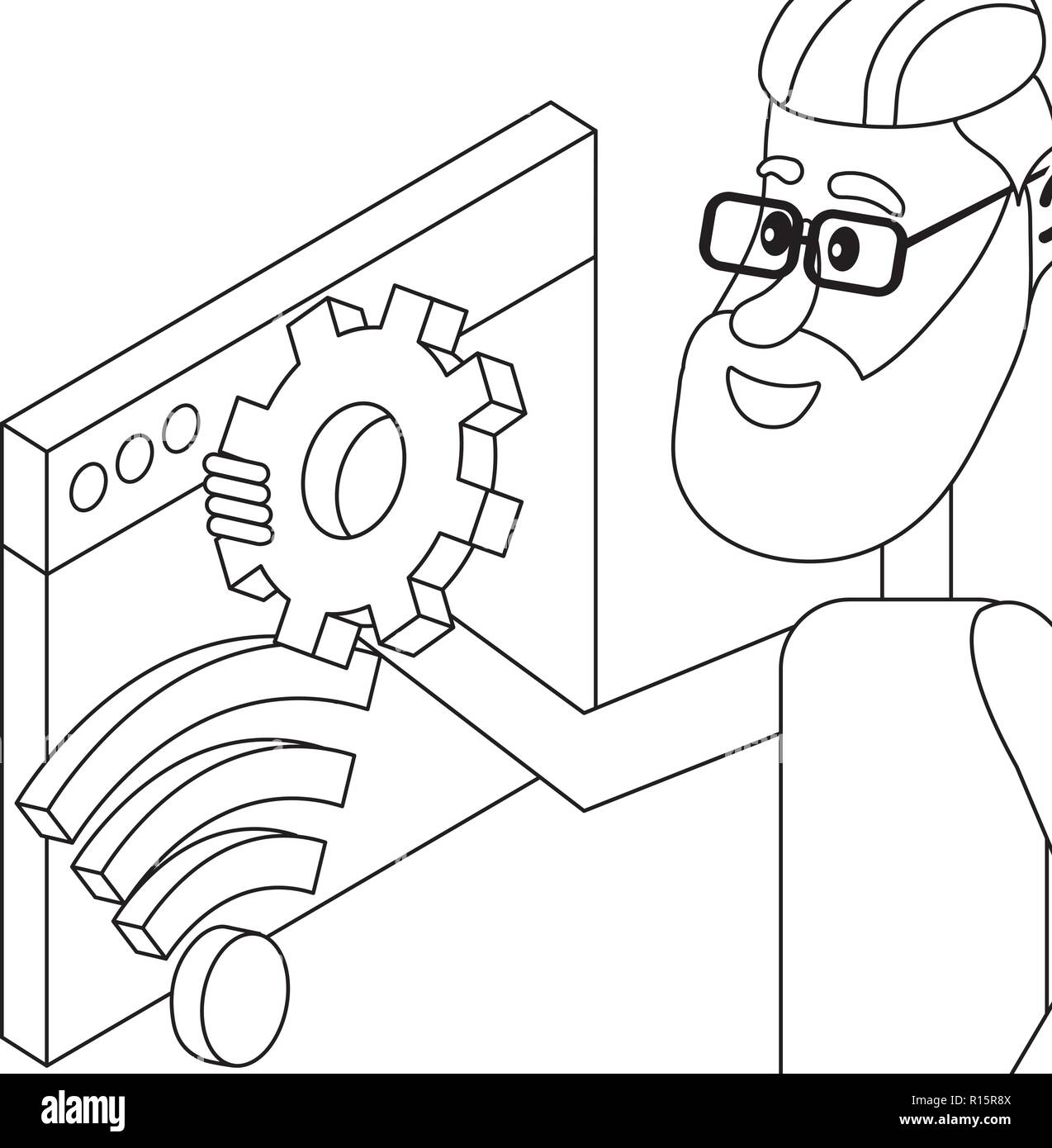 Young people and technical support black and white Stock Vector
