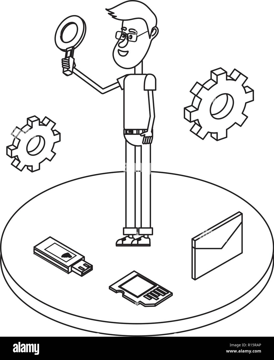 Young people and technical support black and white Stock Vector