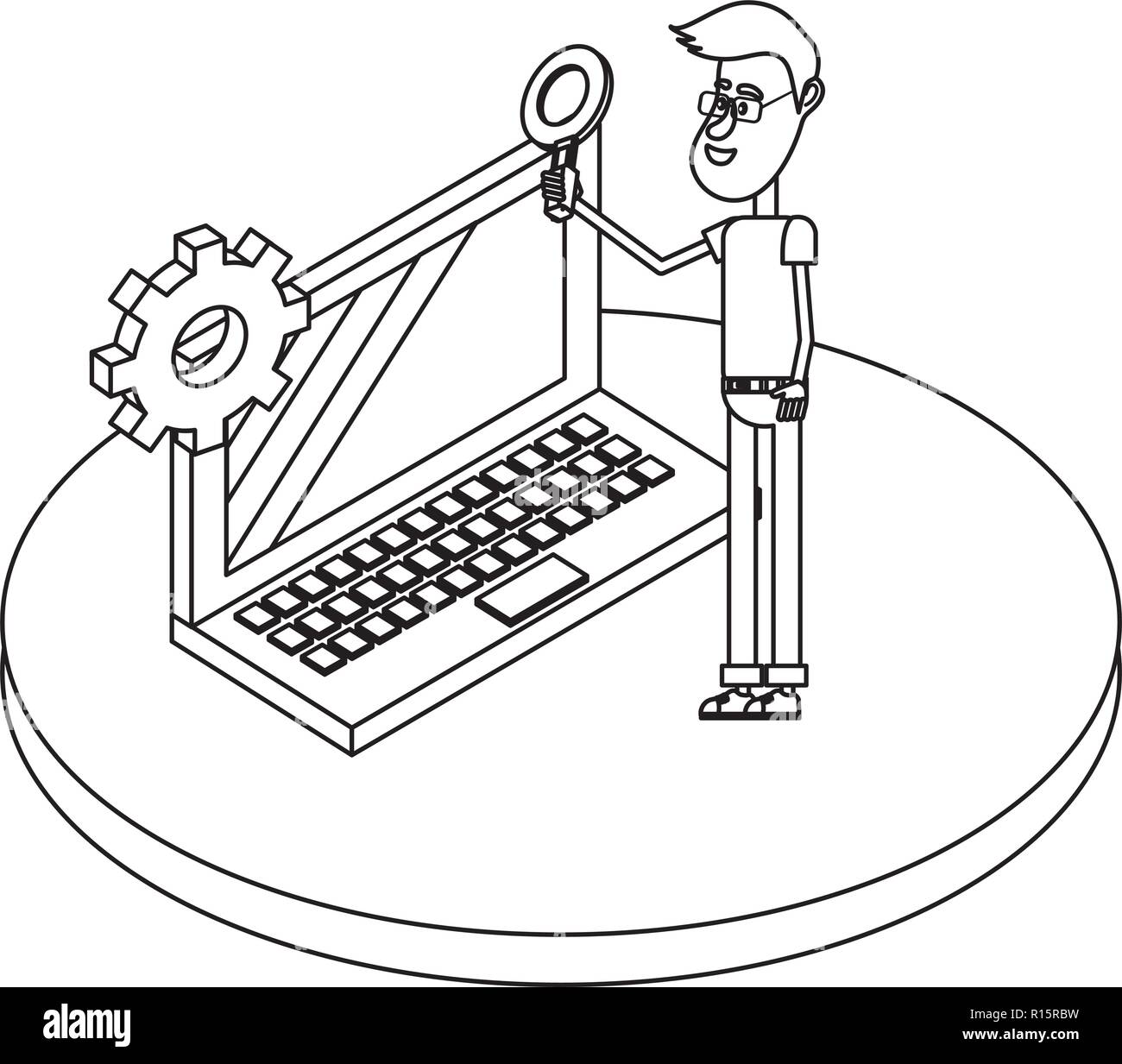 Young people and technical support black and white Stock Vector