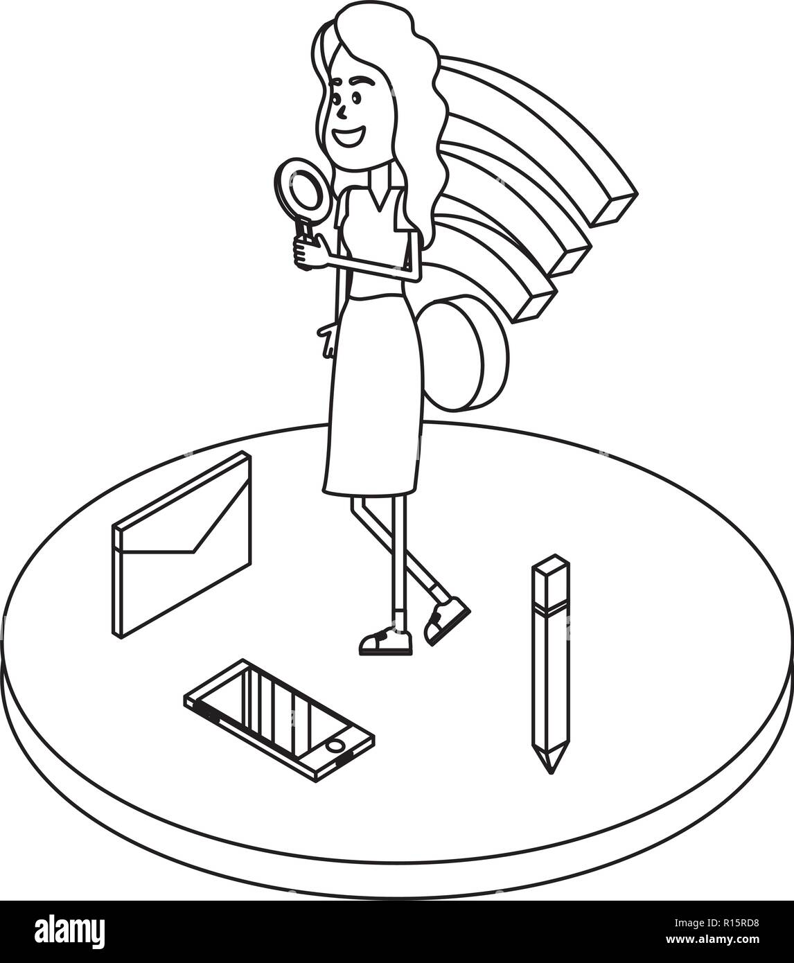 Woman on internet black and white Stock Vector