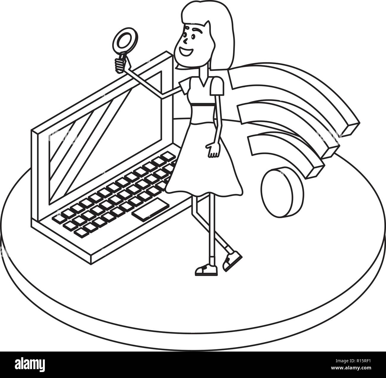 Woman on internet black and white Stock Vector