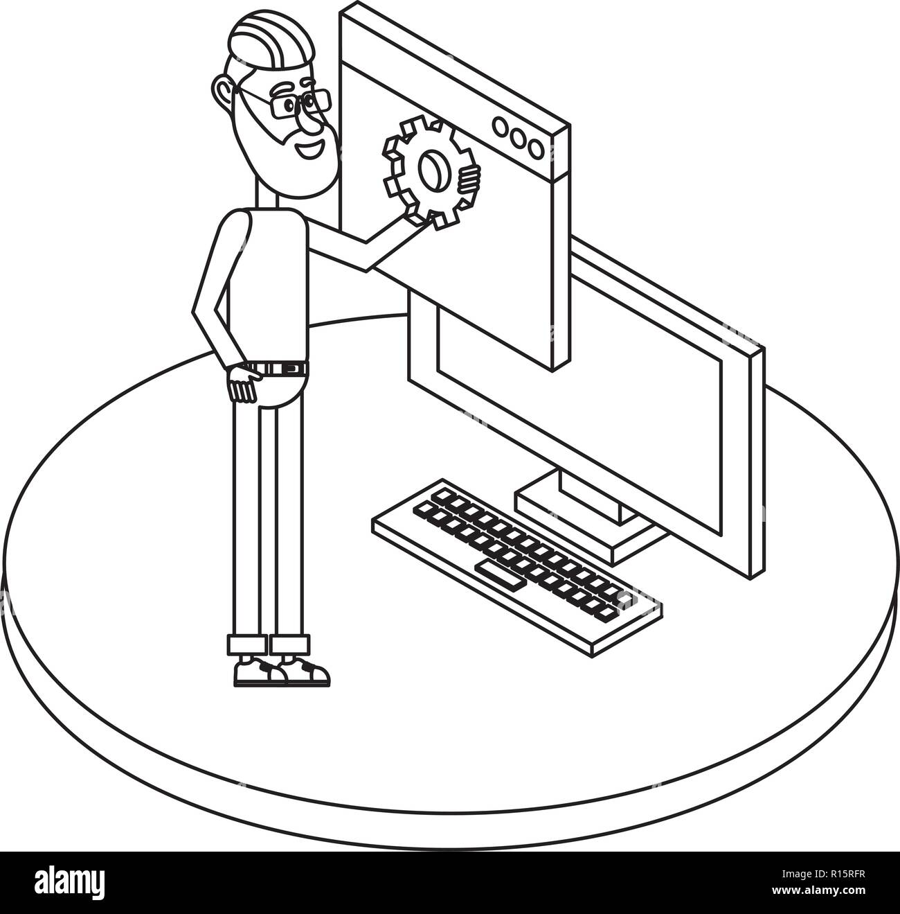 Young people and technical support black and white Stock Vector