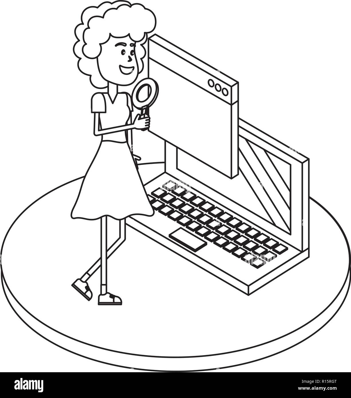 Woman on internet black and white Stock Vector