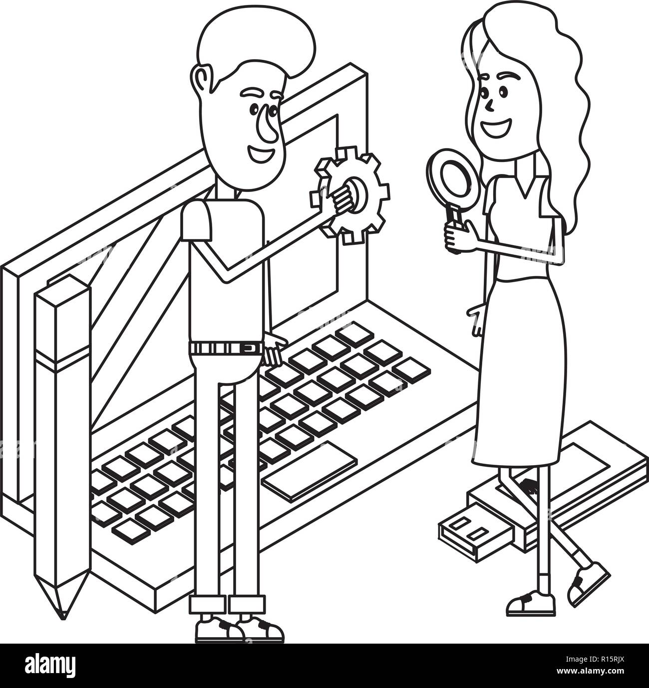 Young people and technical support black and white Stock Vector