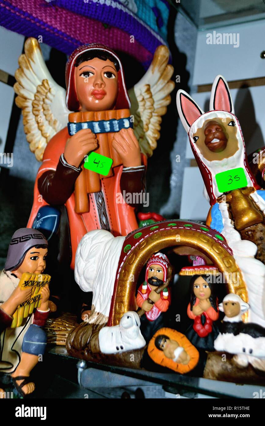 Selling Christmas births figures - Market in HUARAZ. Department of Ancash.PERU                   Stock Photo