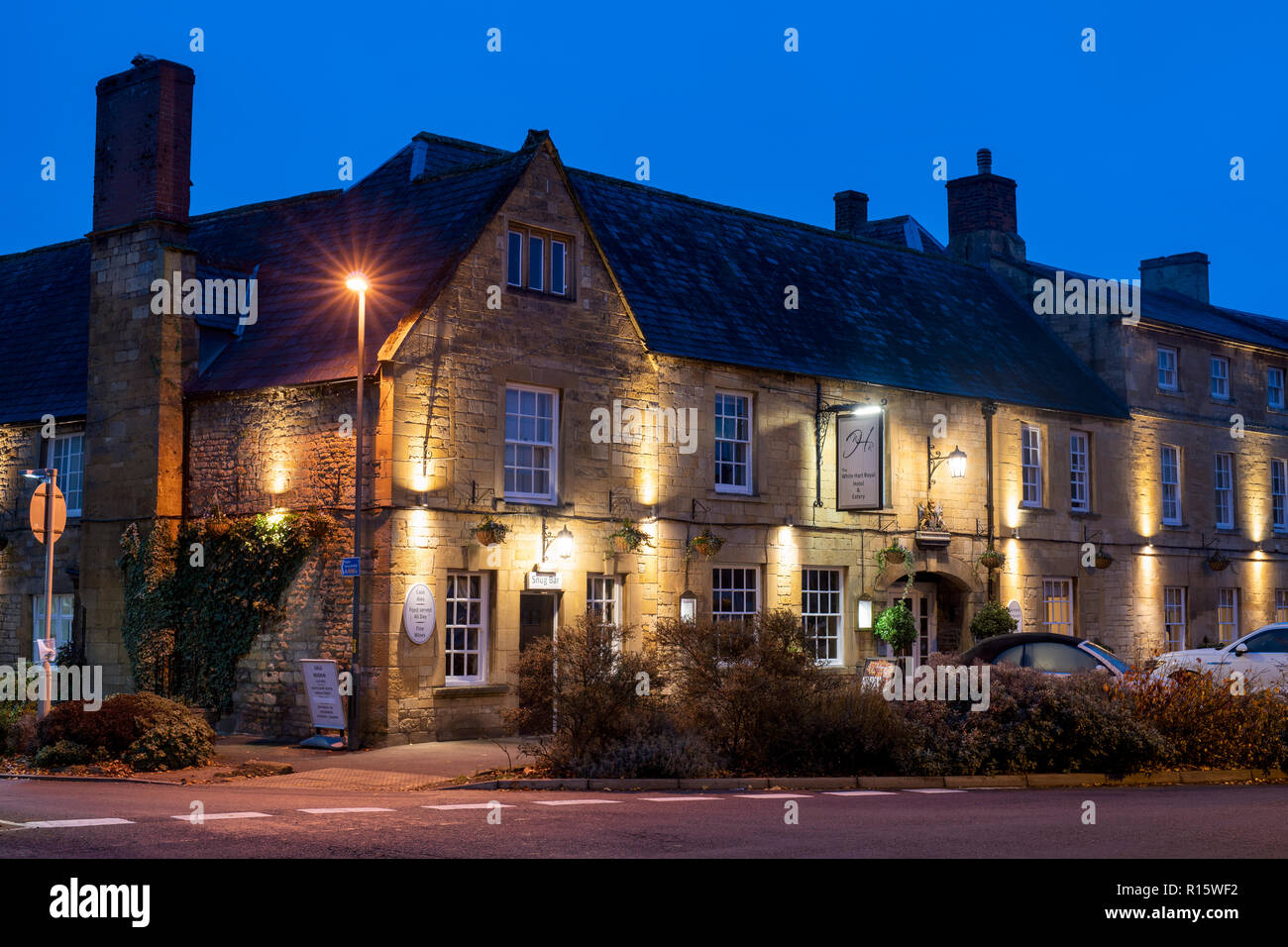 The White Hart Royal Hotel in the early morning before dawn. Moreton in Marsh, Cotswolds, Gloucestershire. UK Stock Photo