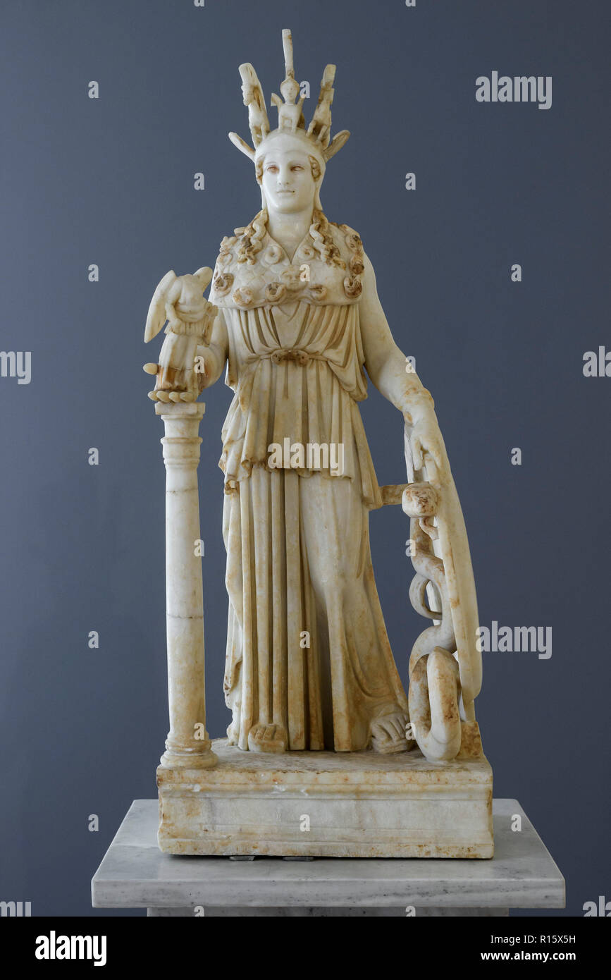 Athens. Greece. Varvakeion Athena, copy from AD 200-250 of the original from 438 BC. National Archaeological Museum of Athens.  This Roman copy is the Stock Photo