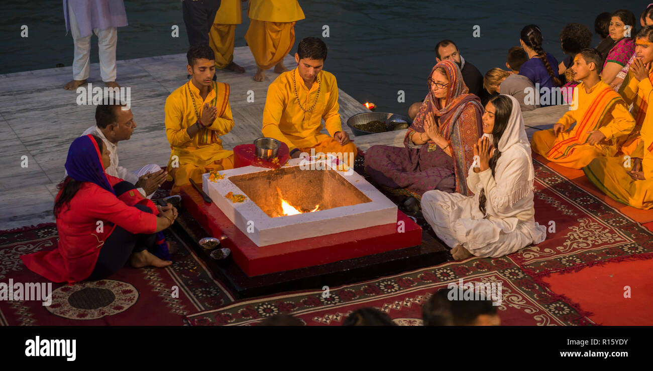 Devotional Ritual performance during Ganga Aarti, Rishikesh, Dehradun District, Uttarakhand, India Stock Photo