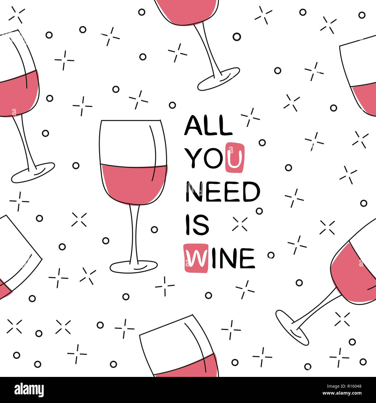Vector seamless pattern with wine glasses. Hand drawn style Stock Vector