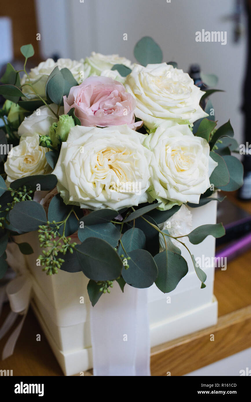 wedding bouquet of flowers with white roses and pink peonies Stock ...