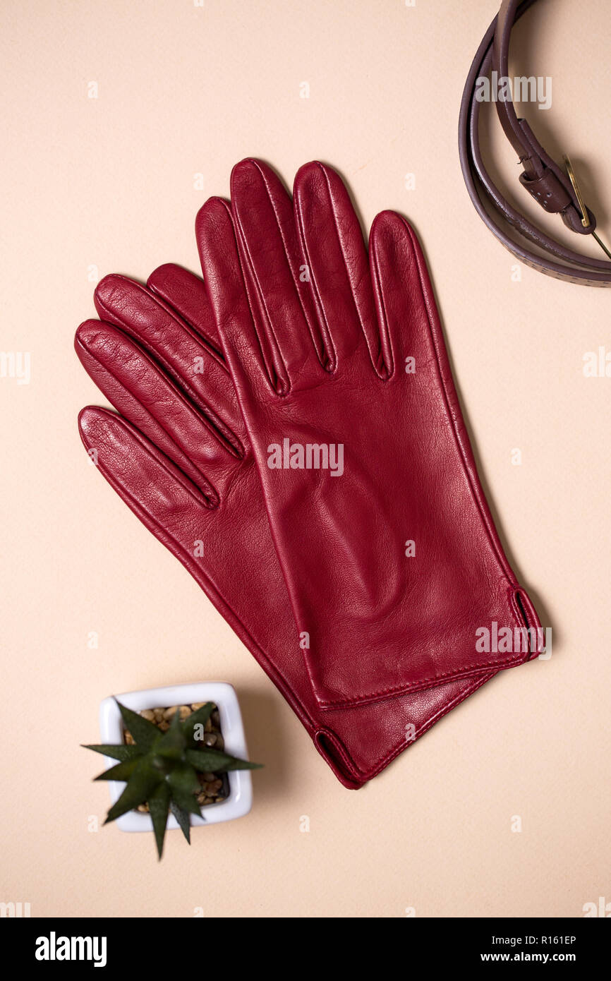 burgundy classic leather gloves Stock Photo Alamy
