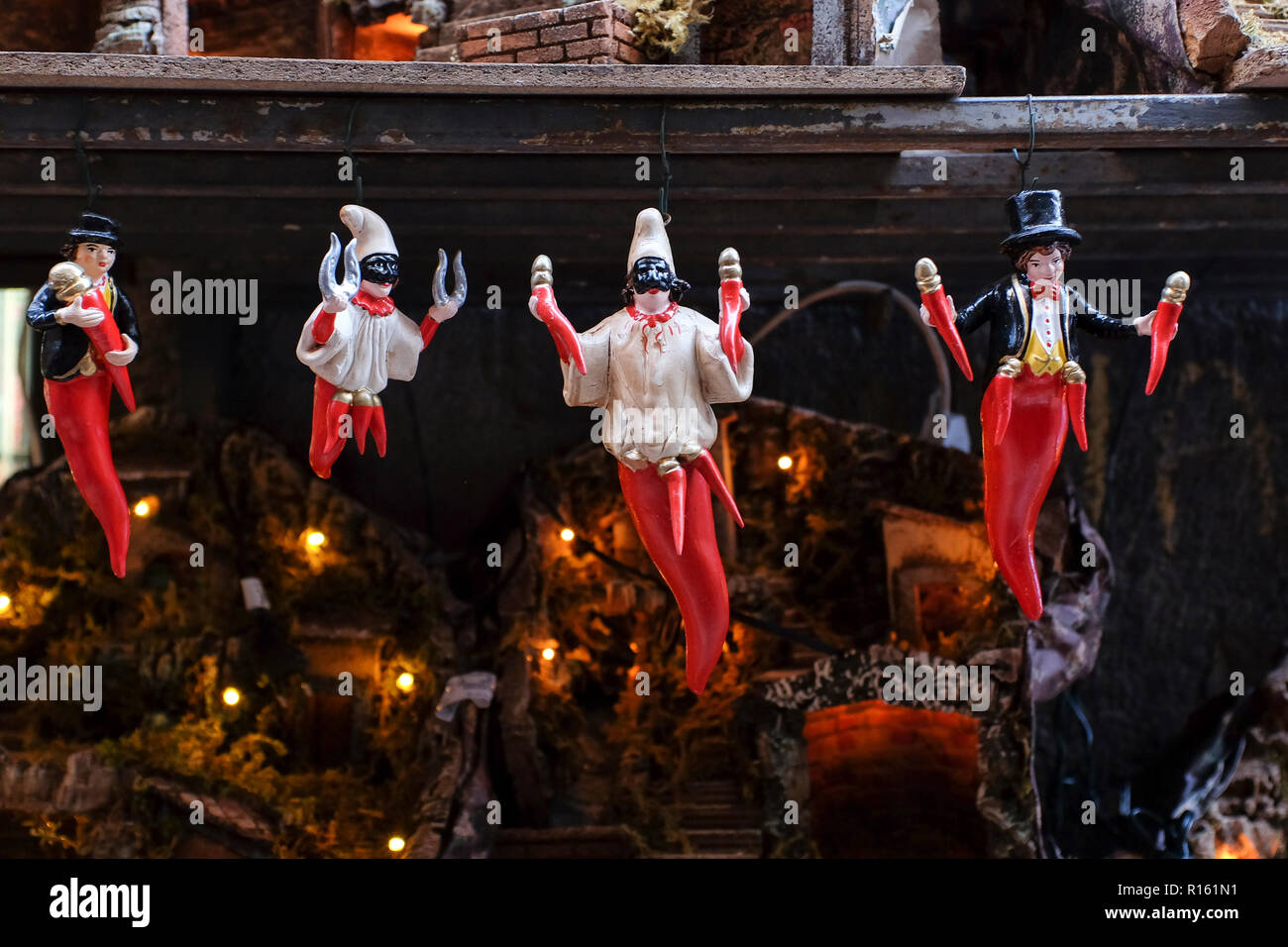 pulcinella lucky charm and red horns at the souvenir shop in Naples Stock Photo