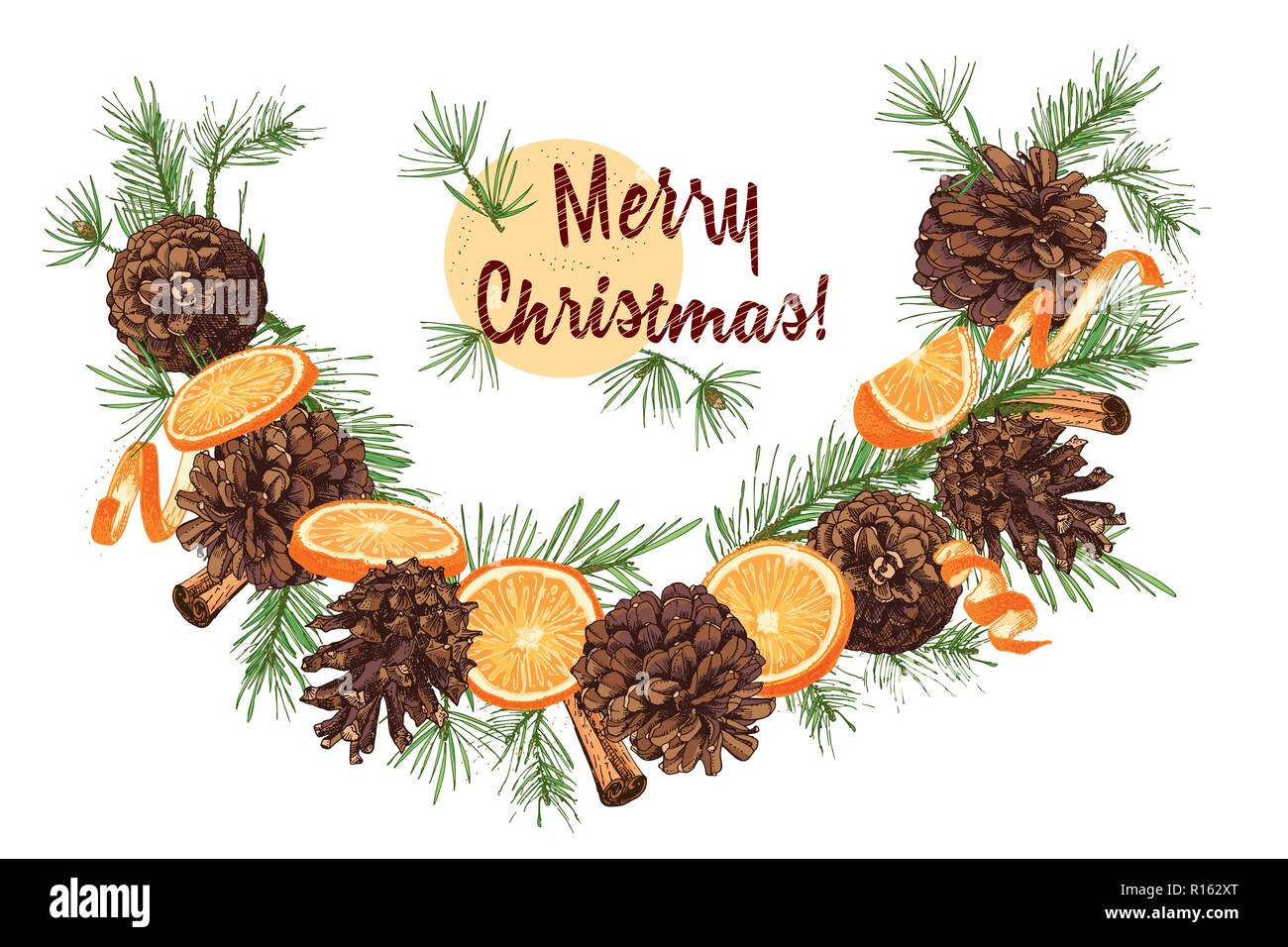 Realistic Botanical ink sketch of colorful fir tree garland with pine cone isolated on white background. Good idea for design templates invitations, greeting cards Stock Vector