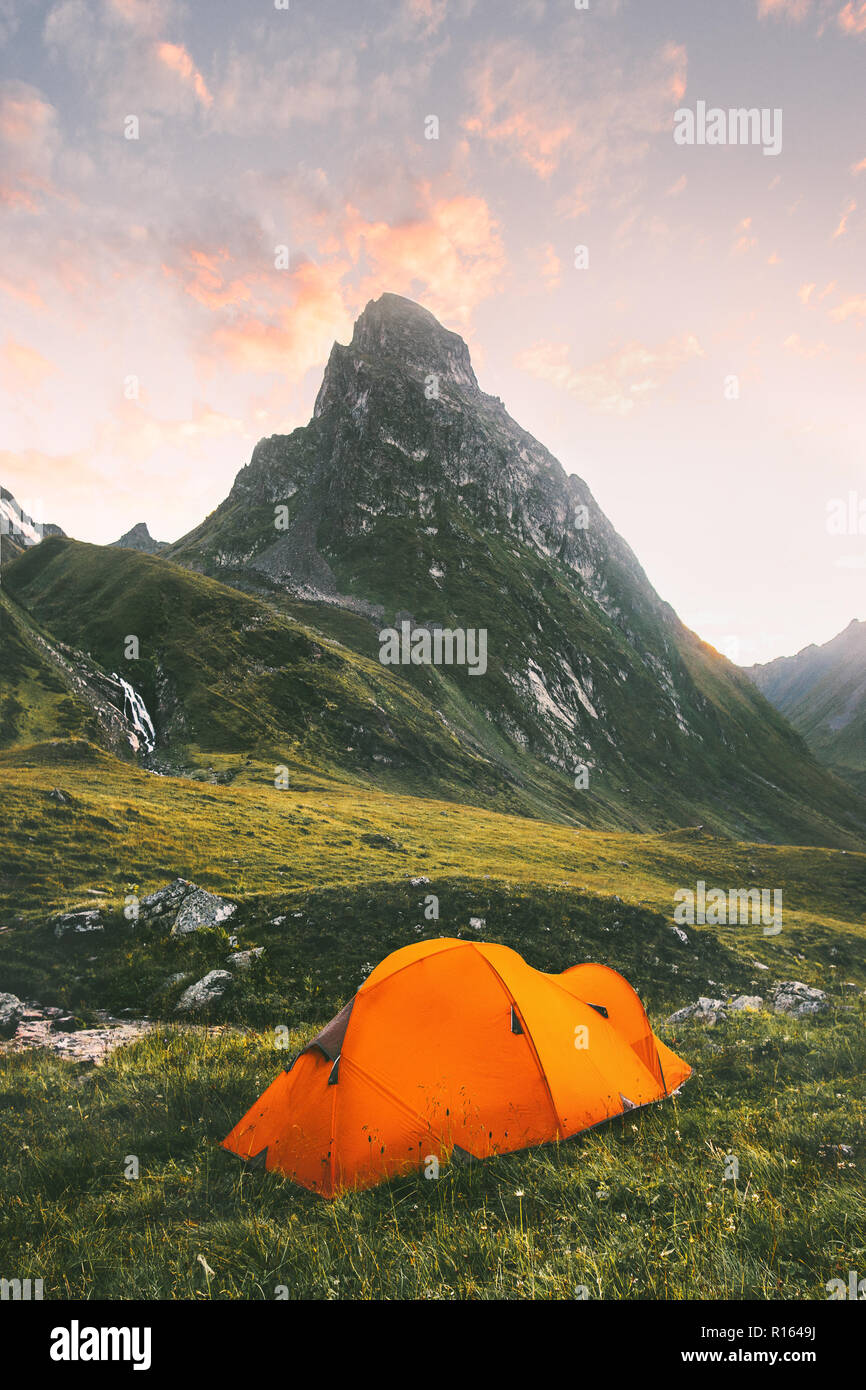 Camping Tent And Mountain Landscape Travel Lifestyle Concept Adventure Summer Vacations Outdoor Hiking Gear Equipment Stock Photo Alamy
