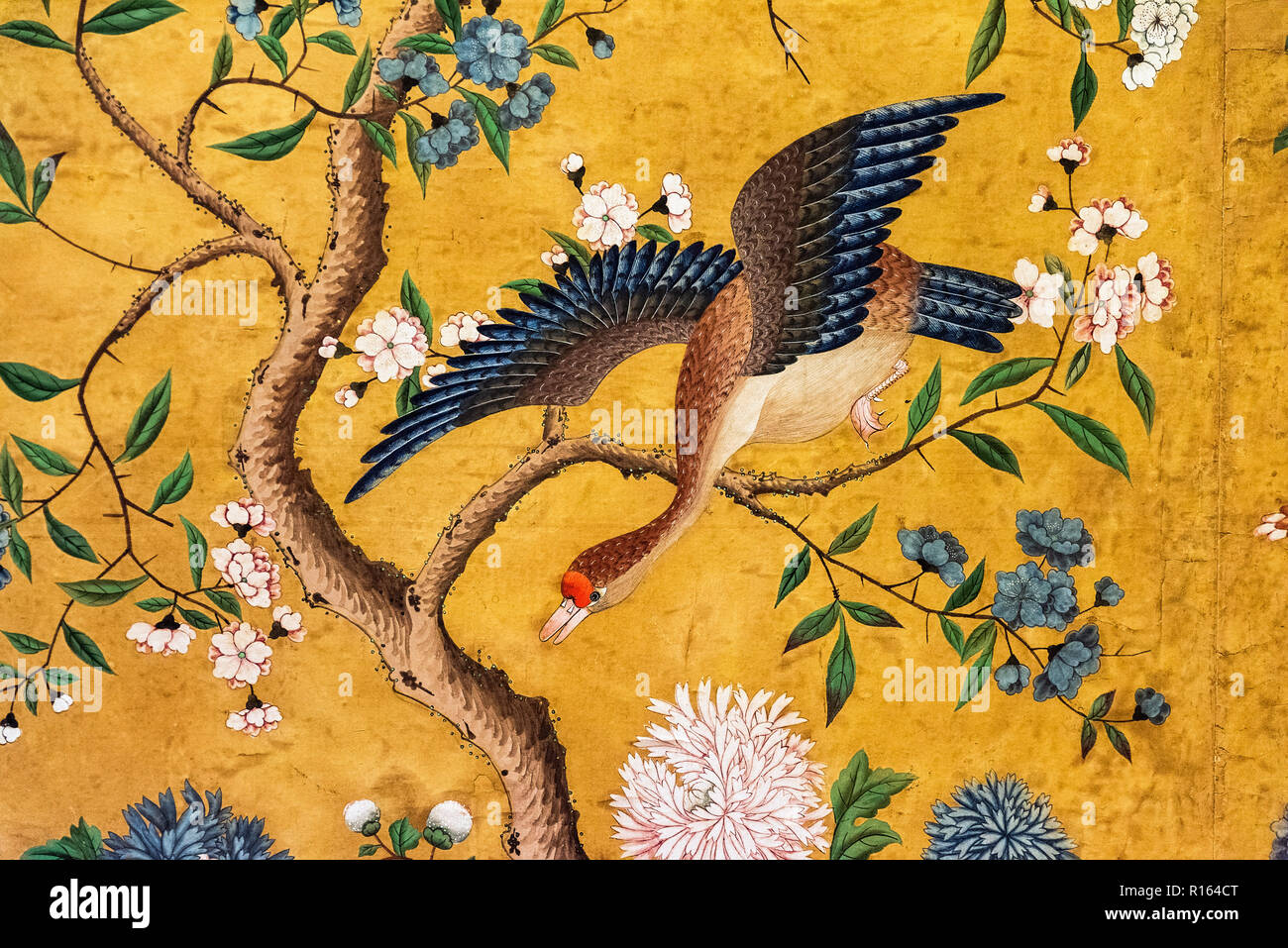 Antique hand painted Chinese wallpaper. Stock Photo