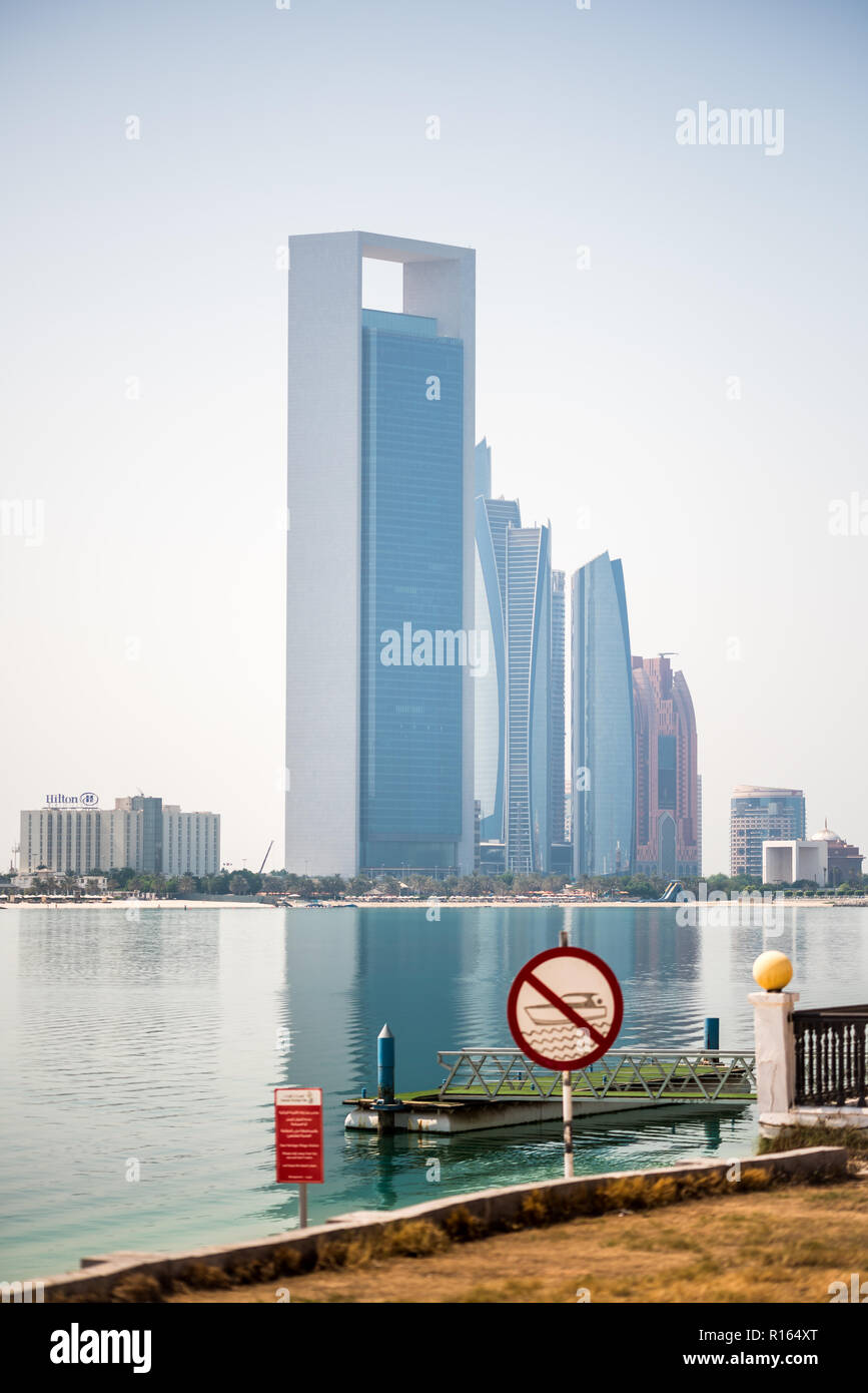 No Sailing boating sign at Corniche beach, ADNOC headquarter and Etihad