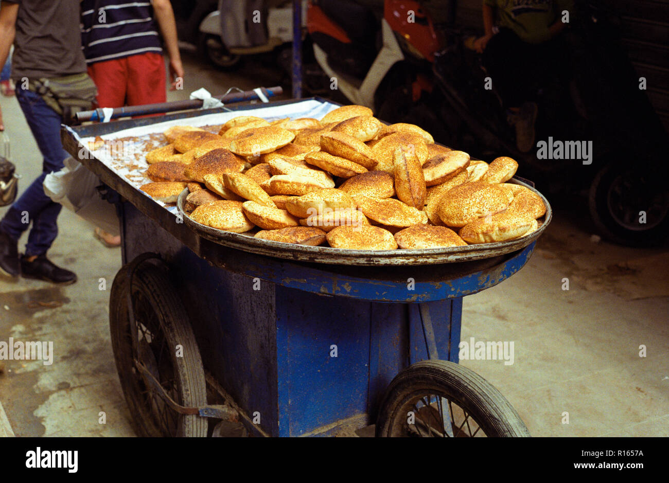 Kaak cart, traditional sesame bread, Tripoli old souk, Lebanon. Stock Photo