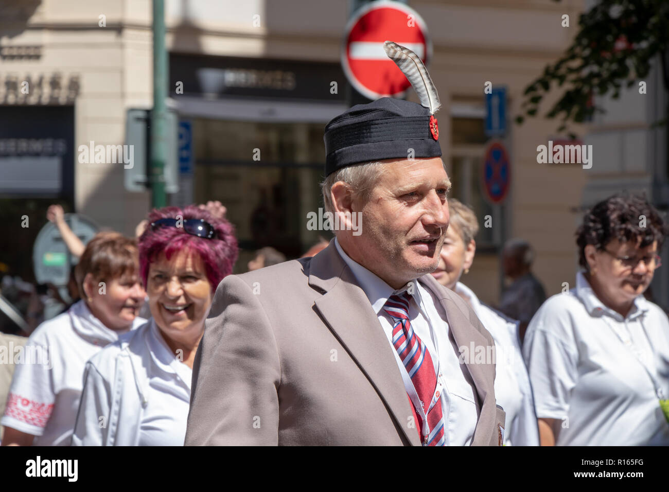 PRAGUE, CZECH REPUBLIC - JULY 1, 2018: People parading at Sokolsky Slet, a once-every-six-years gathering of the Sokol movement - a Czech sports assoc Stock Photo