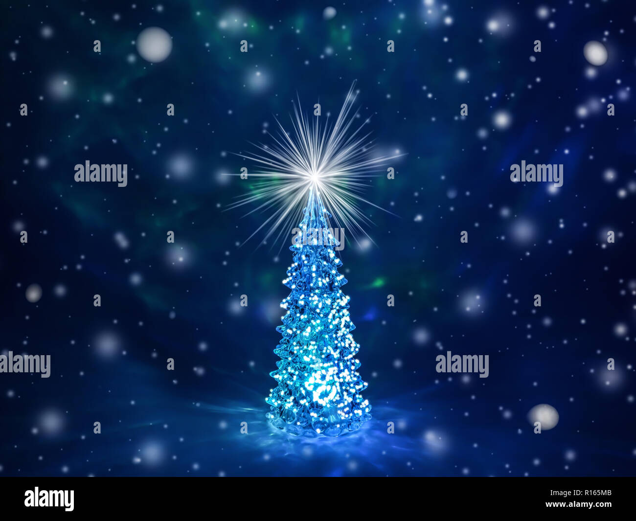 Christmas Tree With Glowing Lights On A Garland And A Shining Star On The Crown On A Dark Blue Northern Lights Background With Falling Snow And Snowfl Stock Photo Alamy