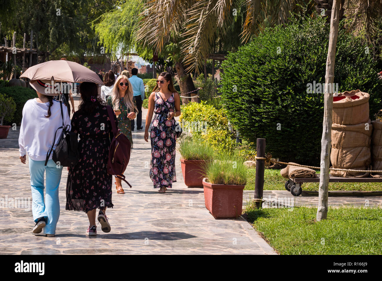 European Female Tourists at Heritage Village Abu Dhabi, UAE Stock Photo