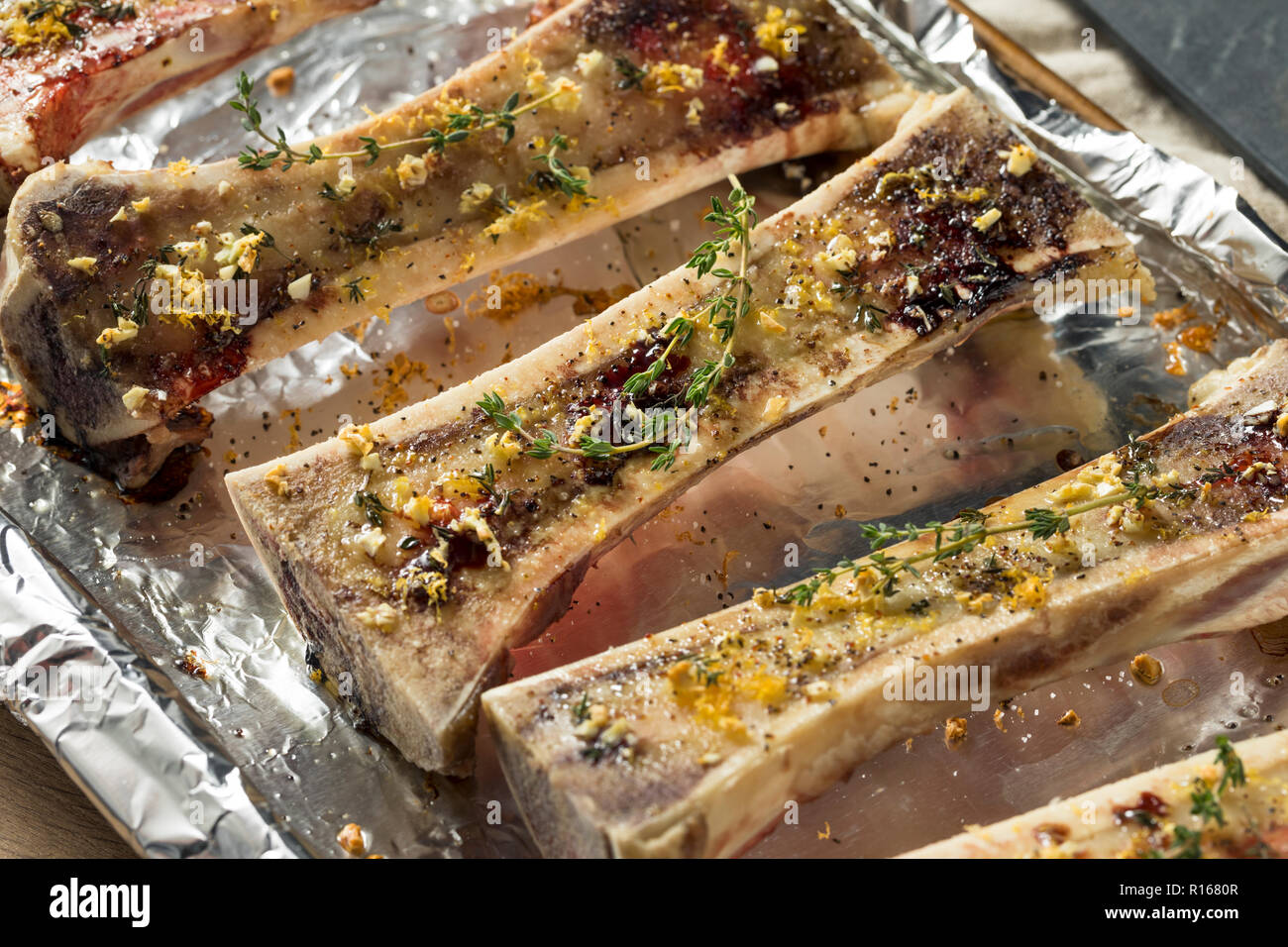 Homemade Roasted Beef Bone Marrow with Thyme and Lemon Stock Photo Alamy