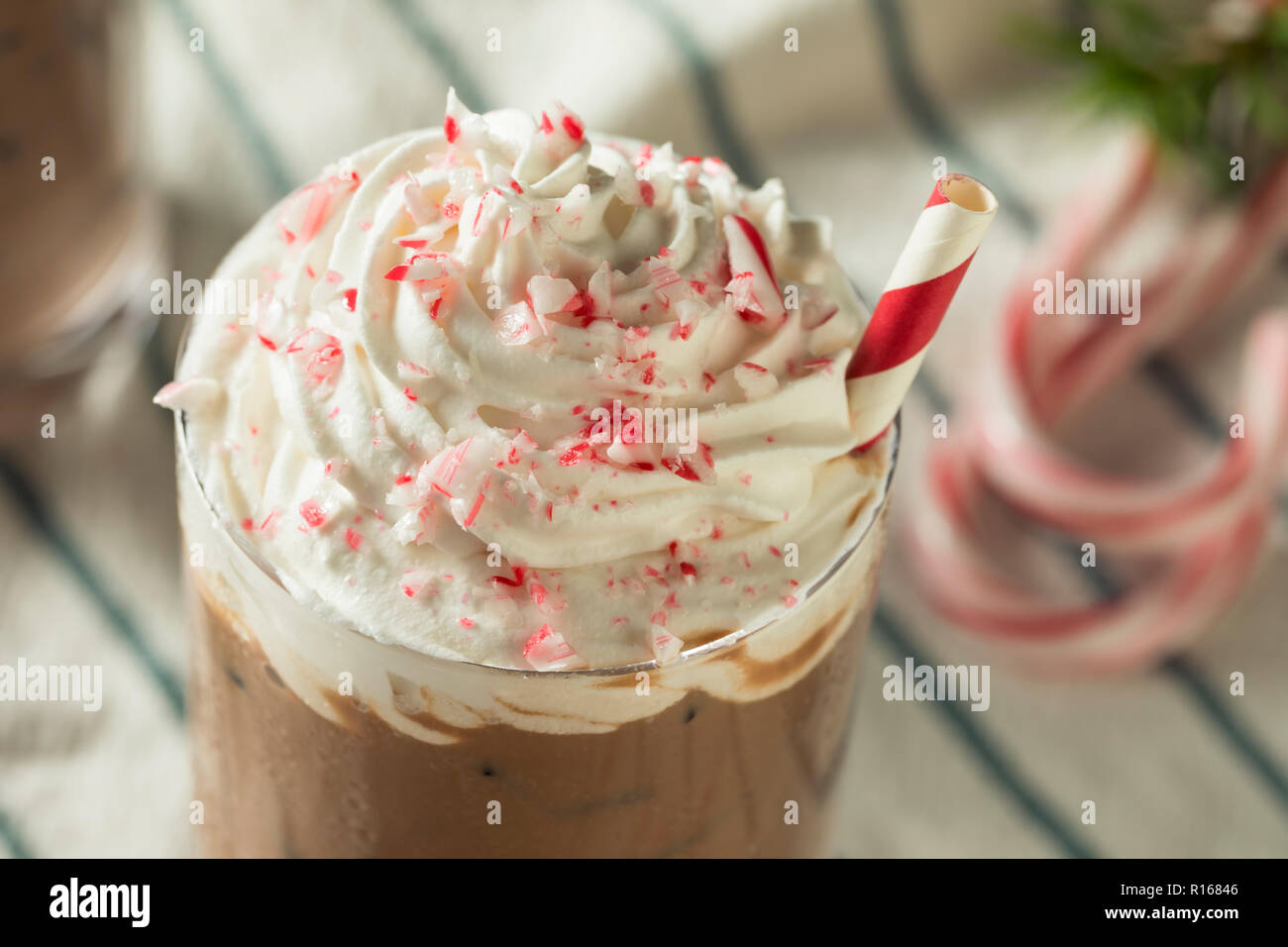 Sweet Peppermint Iced Coffee Mocha with Whipped Cream Stock Photo