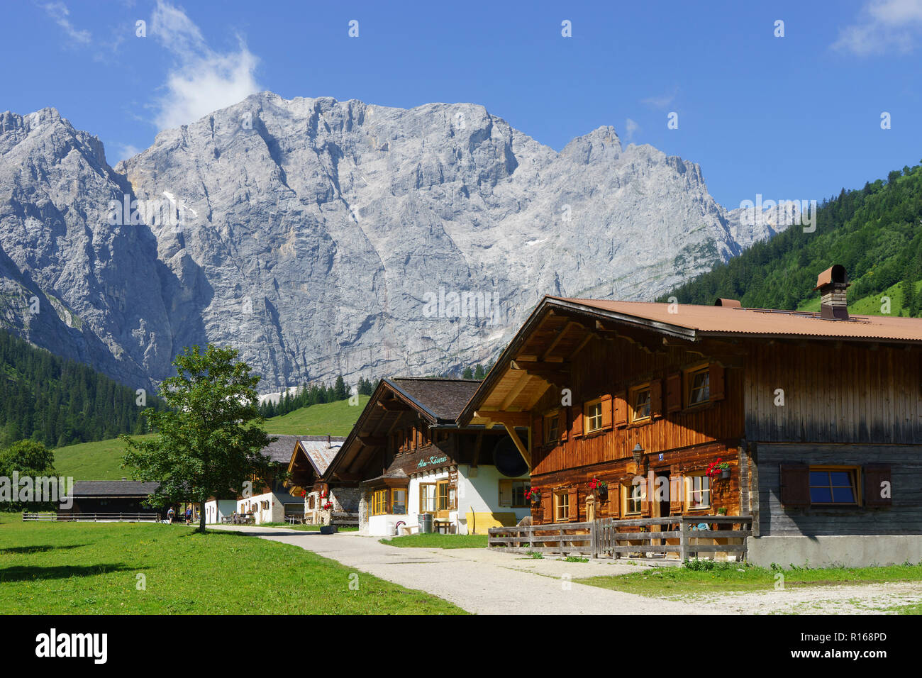 Engalm in front of Grubenkarspitze, Eng, Karwendel Mountains, Tyrol, Austria Stock Photo