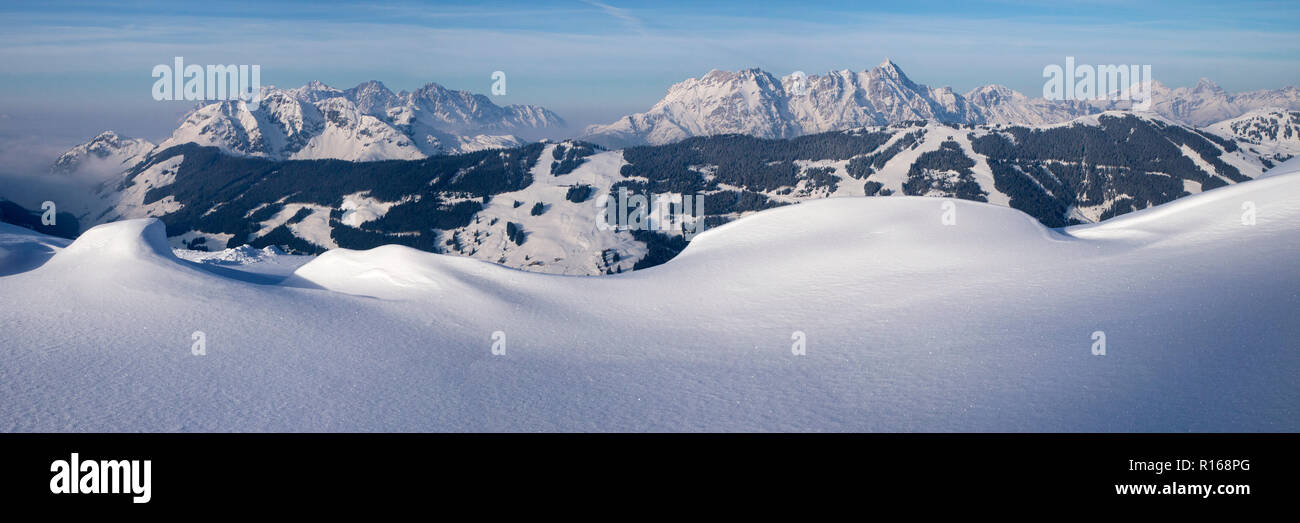 Panorama from Schattberg mountain in winter with Loferer Steinbergen, Spielberghorn, Leoganger Steinbergen Stock Photo