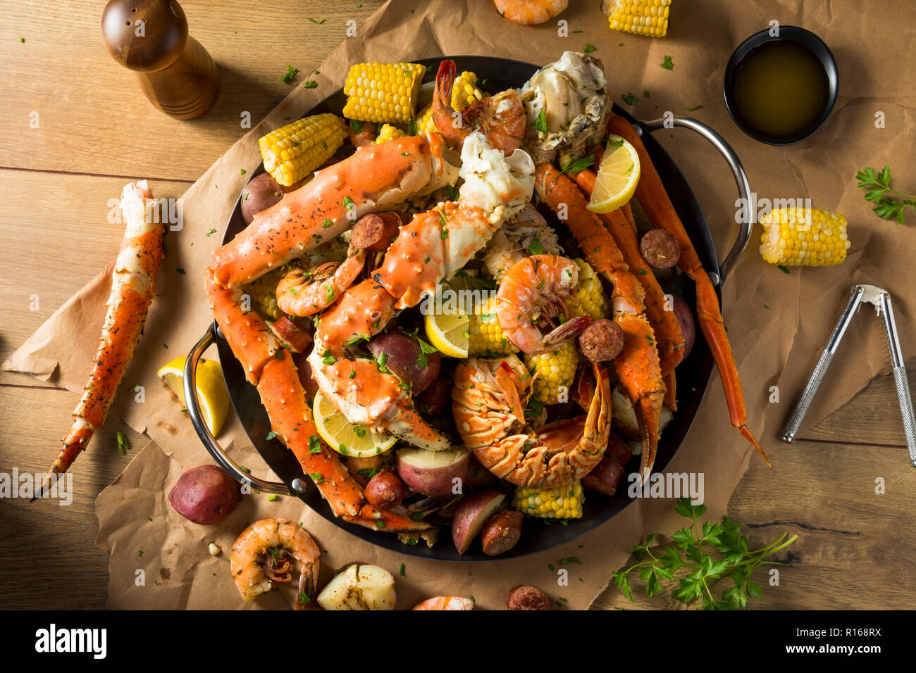 Homemade Cajun Seafood Boil with Lobster Crab and Shrimp Stock Photo
