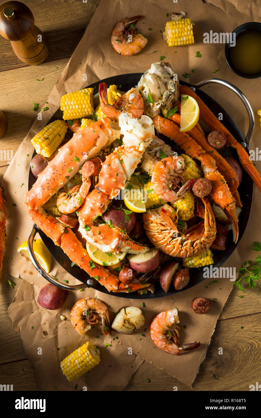 Homemade Cajun Seafood Boil with Lobster Crab and Shrimp Stock Photo