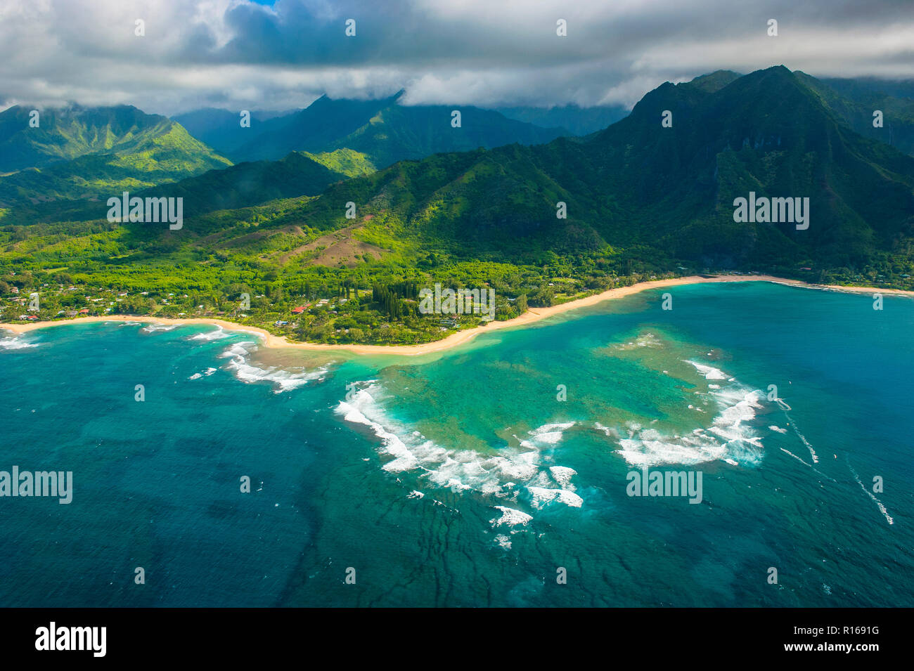 Aerial of the north shore of the island of Kauai, Hawaii, USA Stock Photo