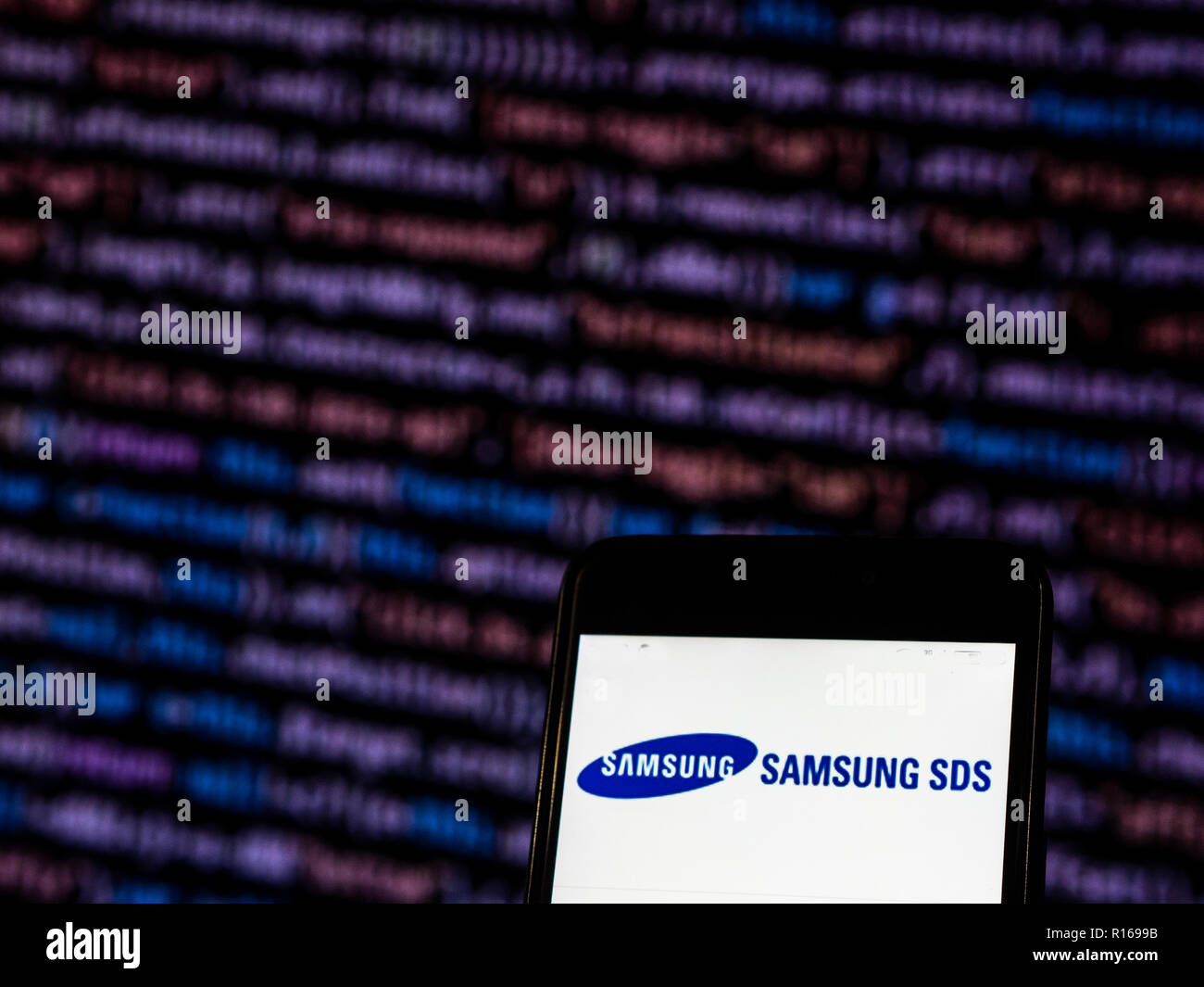 Samsung SDS logo seen displayed on smart phone. Samsung SDS, established in 1985, as a subsidiary of Samsung group has been providing information technology services. These include consulting services; technical services; and outsourcing services. Stock Photo