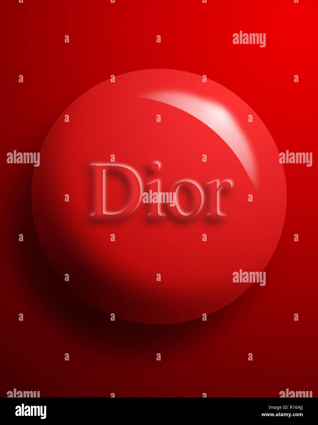 Global fashion and beauty brand name Dior on red circle, close up Stock Photo