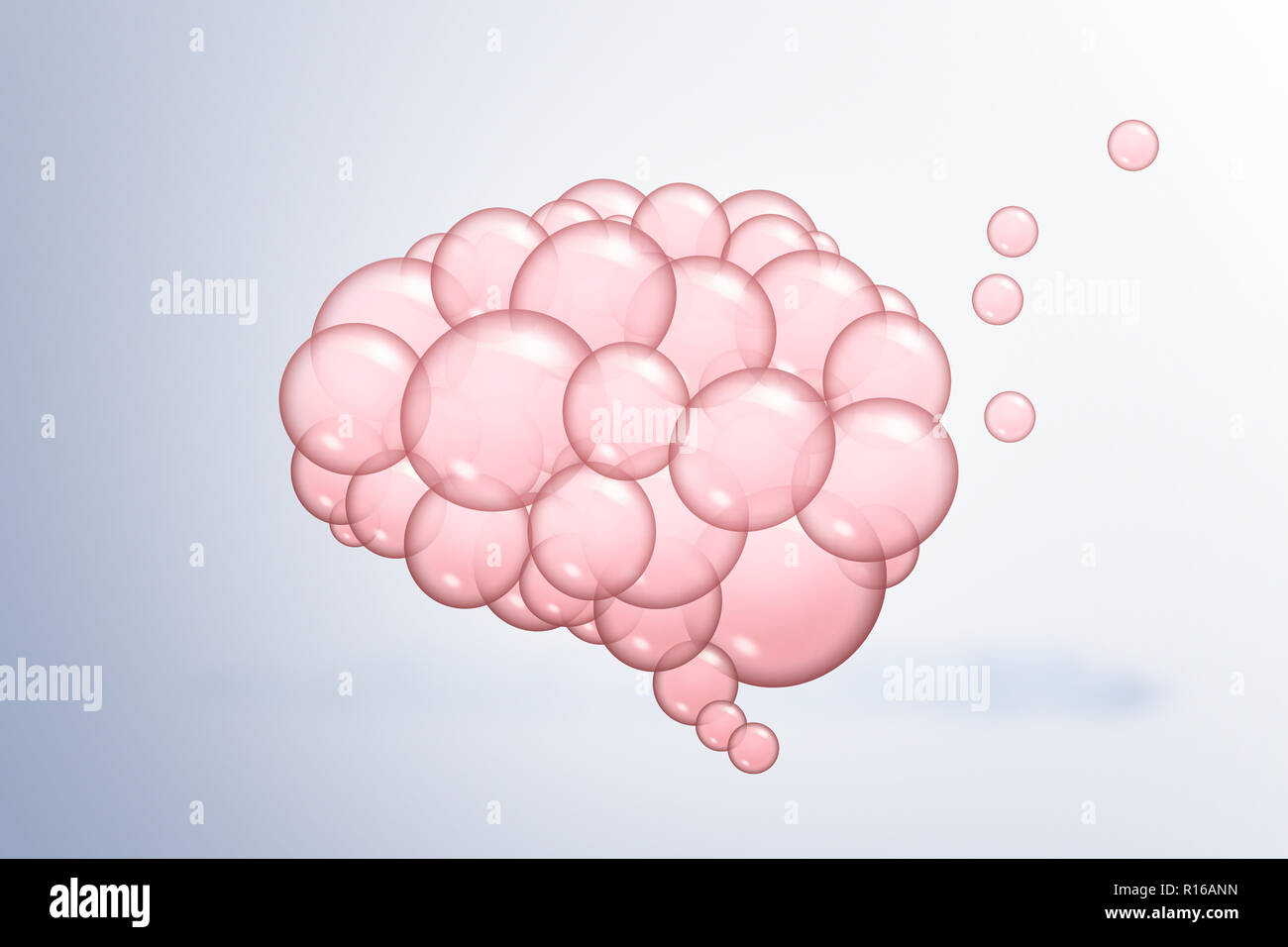 Pink bubbles connecting together to form speech bubble shape, high key digital image Stock Photo