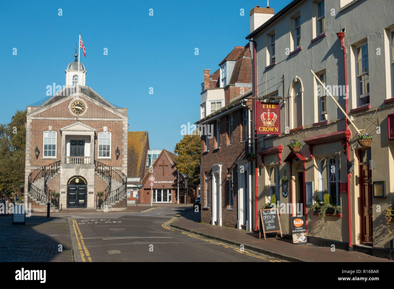 Church Street in Poole old town with view down to Guildhall, Dorset Stock Photo